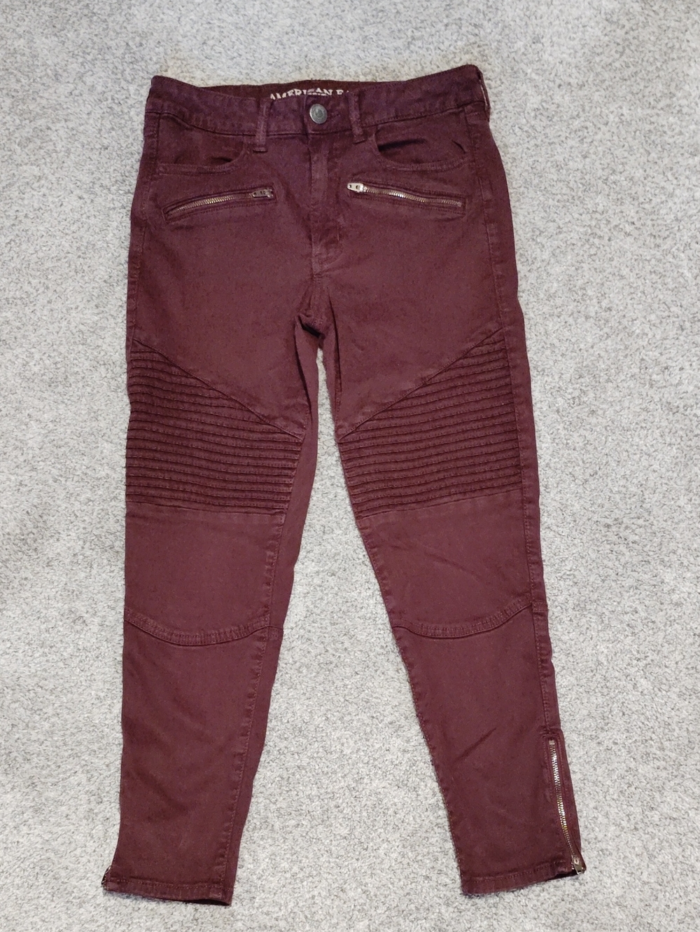 American Eagle Outfitters Women's Burgundy Moto Skinny Jeans with Knee Ribbing